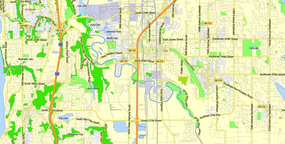Printable Map Seattle Area with suburbans, Washington, US, exact vector streetG-View level 13 (200 meter scale) map V1.10, full editable, Adobe Illustrator, full vector, scalable, editable text format street names, 17 mb ZIP