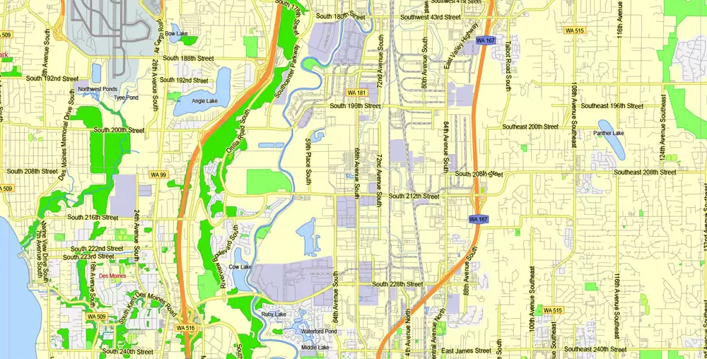 Printable Map Seattle Area with suburbans, Washington, US, exact vector streetG-View level 13 (200 meter scale) map V1.10, full editable, Adobe Illustrator, full vector, scalable, editable text format street names, 17 mb ZIP