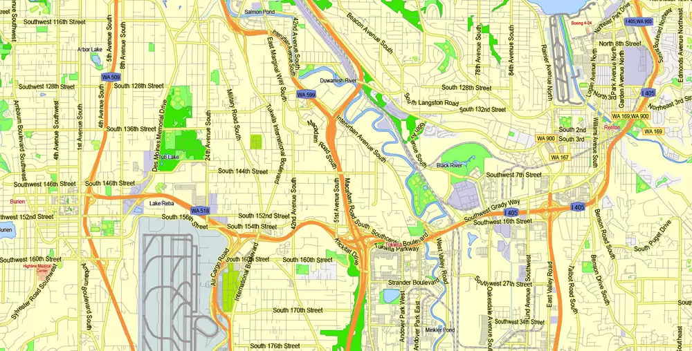 Printable Map Seattle Area with suburbans, Washington, US, exact vector streetG-View level 13 (200 meter scale) map V1.10, full editable, Adobe Illustrator, full vector, scalable, editable text format street names, 17 mb ZIP