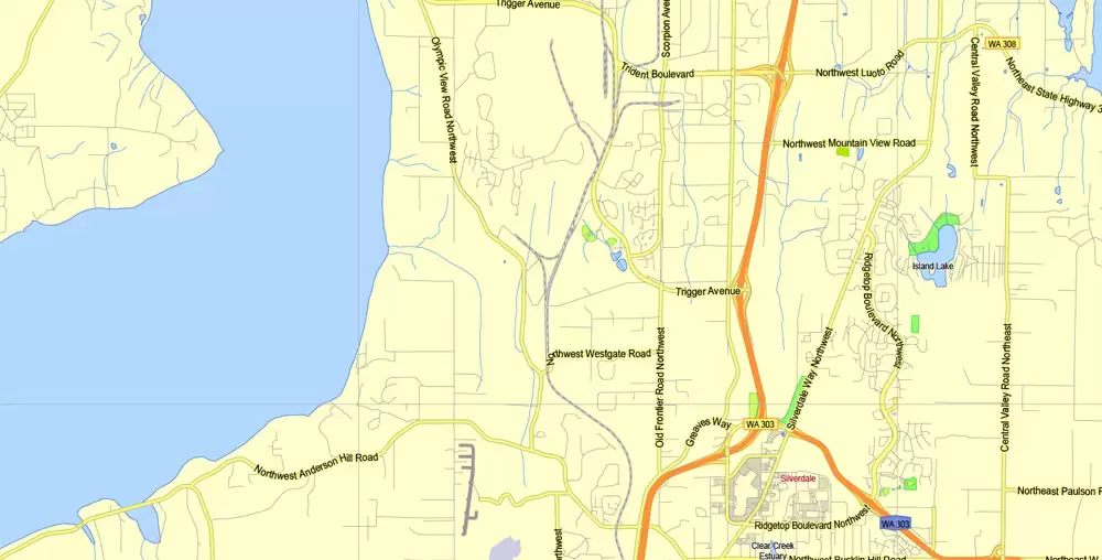 Printable Map Seattle Area with suburbans, Washington, US, exact vector streetG-View level 13 (200 meter scale) map V1.10, full editable, Adobe Illustrator, full vector, scalable, editable text format street names, 17 mb ZIP