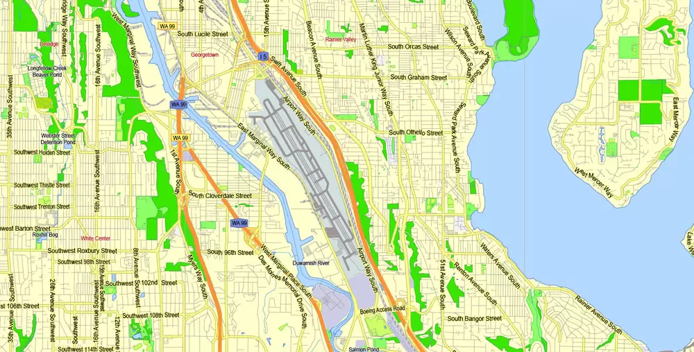 Printable Map Seattle Area with suburbans, Washington, US, exact vector streetG-View level 13 (200 meter scale) map V1.10, full editable, Adobe Illustrator, full vector, scalable, editable text format street names, 17 mb ZIP