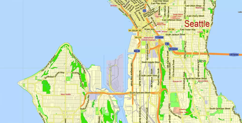 Printable Map Seattle Area with suburbans, Washington, US, exact vector streetG-View level 13 (200 meter scale) map V1.10, full editable, Adobe Illustrator, full vector, scalable, editable text format street names, 17 mb ZIP