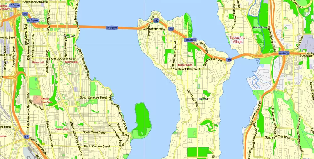 Printable Map Seattle Area with suburbans, Washington, US, exact vector streetG-View level 13 (200 meter scale) map V1.10, full editable, Adobe Illustrator, full vector, scalable, editable text format street names, 17 mb ZIP