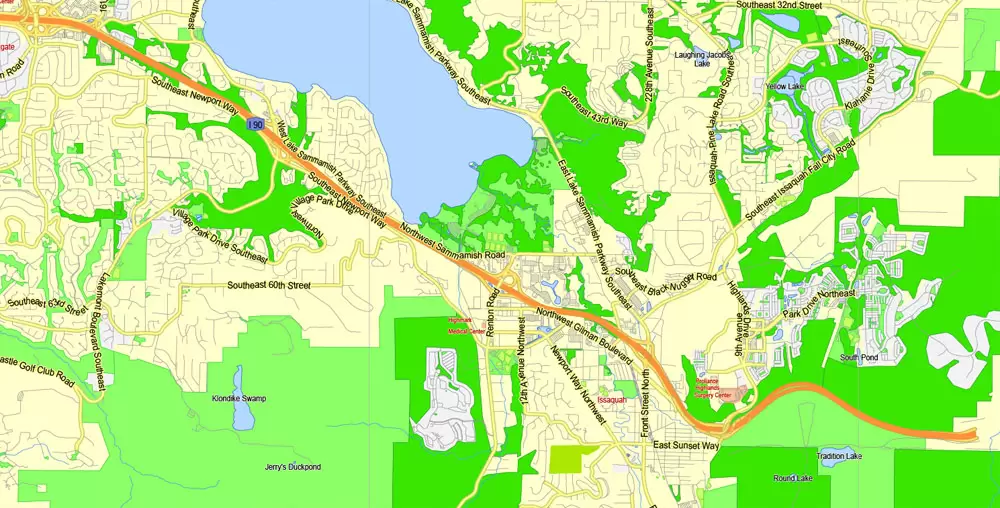 Printable Map Seattle Area with suburbans, Washington, US, exact vector streetG-View level 13 (200 meter scale) map V1.10, full editable, Adobe Illustrator, full vector, scalable, editable text format street names, 17 mb ZIP