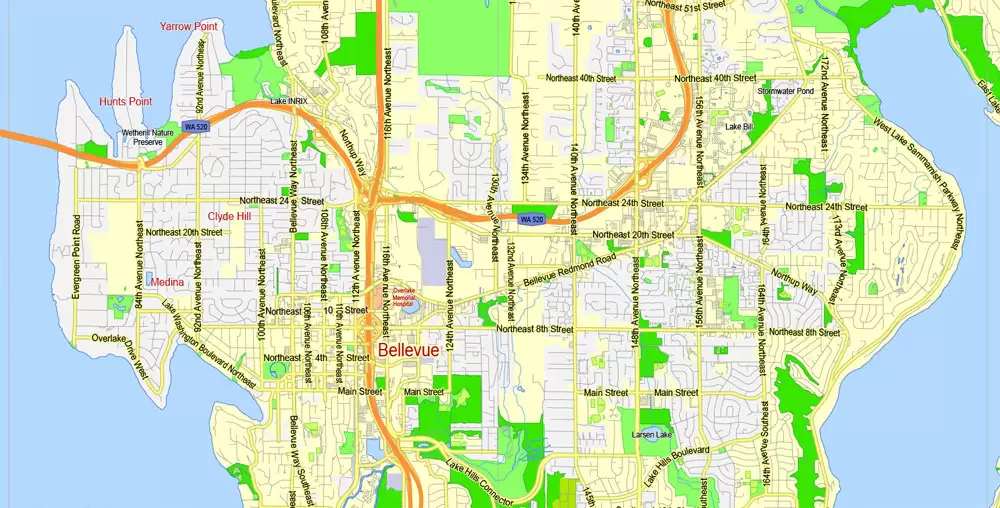 Printable Map Seattle Area with suburbans, Washington, US, exact vector streetG-View level 13 (200 meter scale) map V1.10, full editable, Adobe Illustrator, full vector, scalable, editable text format street names, 17 mb ZIP