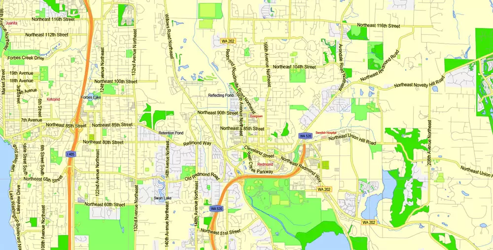 Printable Map Seattle Area with suburbans, Washington, US, exact vector streetG-View level 13 (200 meter scale) map V1.10, full editable, Adobe Illustrator, full vector, scalable, editable text format street names, 17 mb ZIP