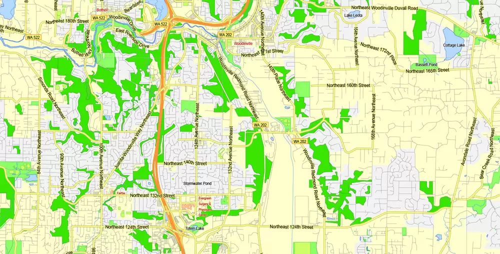 Printable Map Seattle Area with suburbans, Washington, US, exact vector streetG-View level 13 (200 meter scale) map V1.10, full editable, Adobe Illustrator, full vector, scalable, editable text format street names, 17 mb ZIP