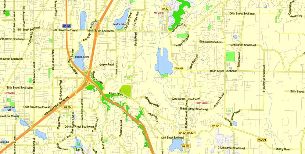 Printable Map Seattle Area with suburbans, Washington, US, exact vector streetG-View level 13 (200 meter scale) map V1.10, full editable, Adobe Illustrator, full vector, scalable, editable text format street names, 17 mb ZIP