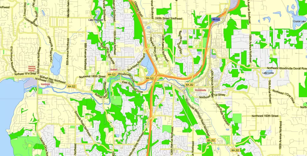 Printable Map Seattle Area with suburbans, Washington, US, exact vector streetG-View level 13 (200 meter scale) map V1.10, full editable, Adobe Illustrator, full vector, scalable, editable text format street names, 17 mb ZIP