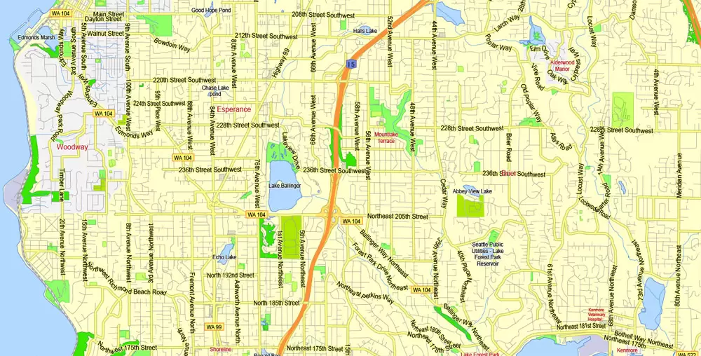 Printable Map Seattle Area with suburbans, Washington, US, exact vector streetG-View level 13 (200 meter scale) map V1.10, full editable, Adobe Illustrator, full vector, scalable, editable text format street names, 17 mb ZIP
