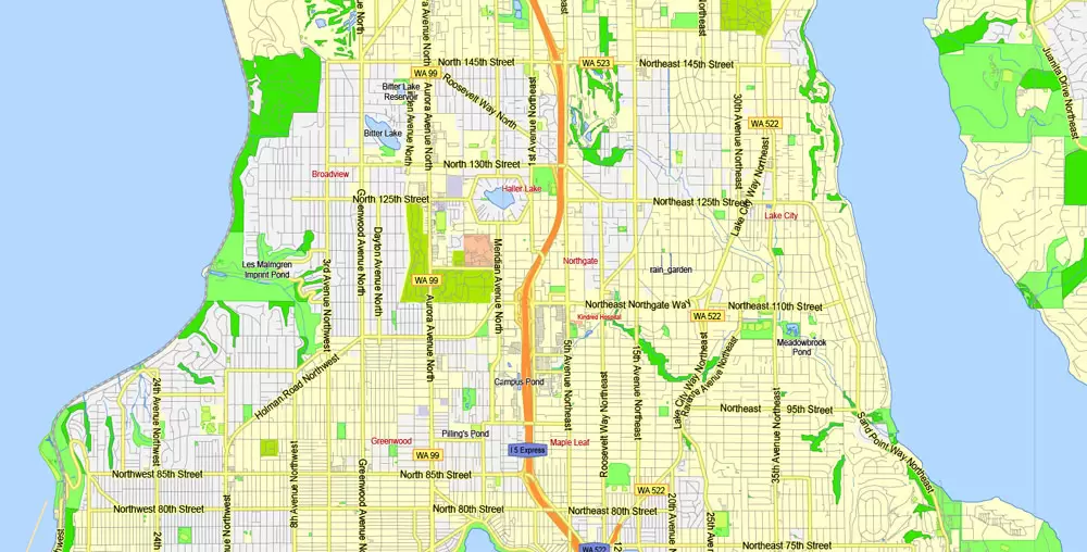Printable Map Seattle Area with suburbans, Washington, US, exact vector streetG-View level 13 (200 meter scale) map V1.10, full editable, Adobe Illustrator, full vector, scalable, editable text format street names, 17 mb ZIP
