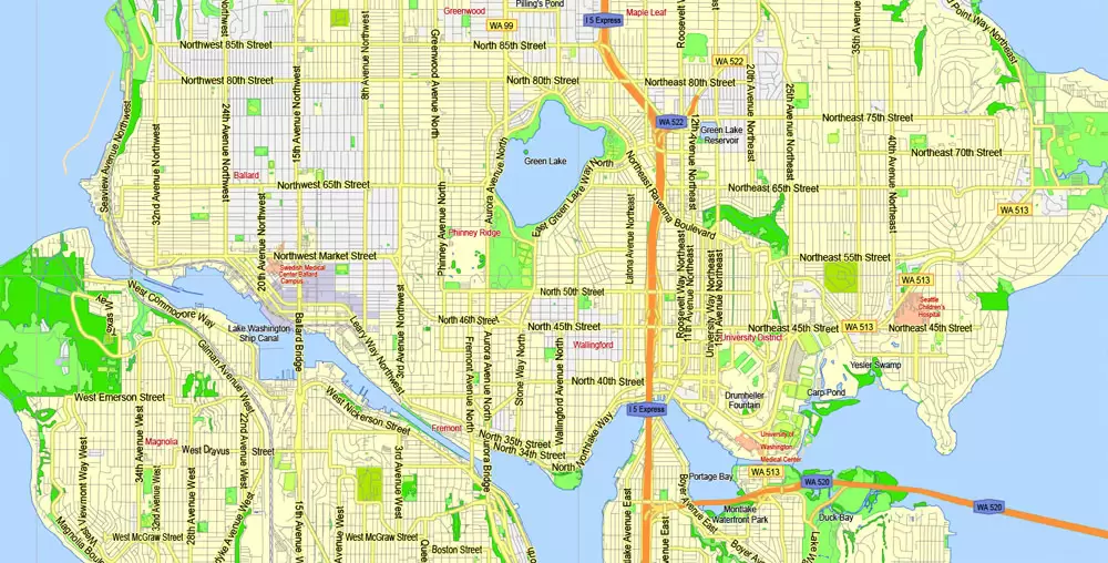 Printable Map Seattle Area with suburbans, Washington, US, exact vector streetG-View level 13 (200 meter scale) map V1.10, full editable, Adobe Illustrator, full vector, scalable, editable text format street names, 17 mb ZIP