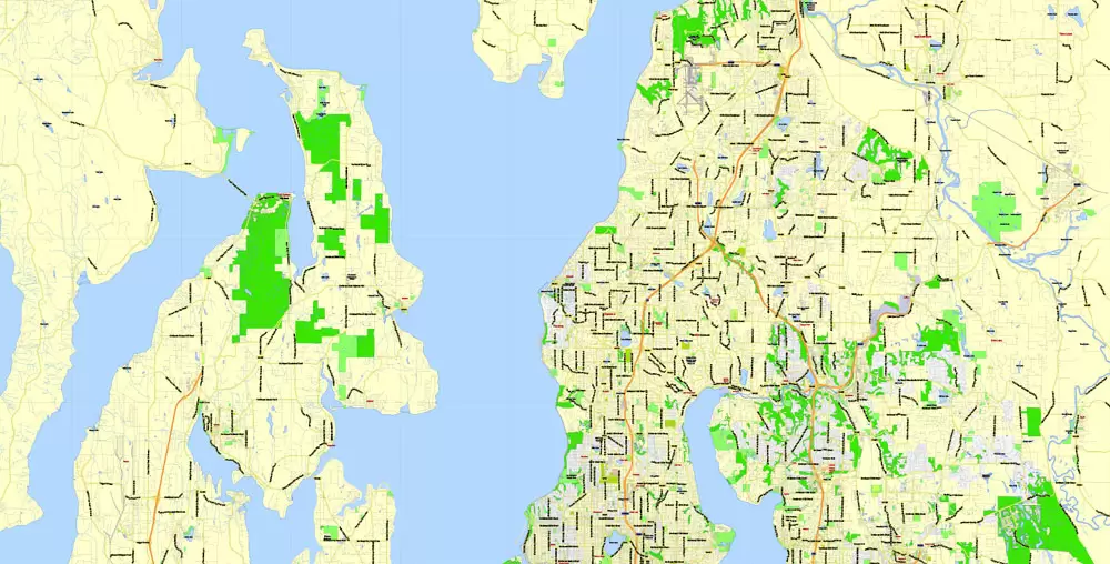 Printable Map Seattle Area with suburbans, Washington, US, exact vector streetG-View level 13 (200 meter scale) map V1.10, full editable, Adobe Illustrator, full vector, scalable, editable text format street names, 17 mb ZIP