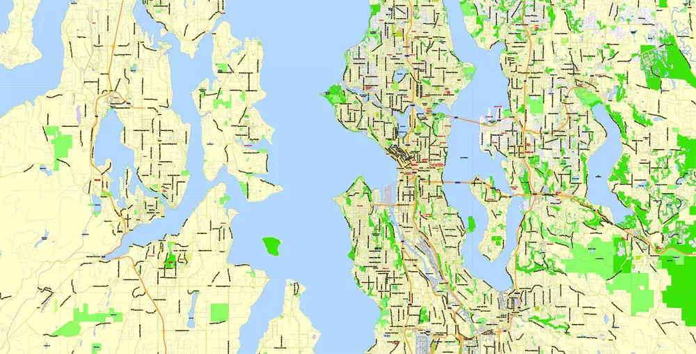 Printable Map Seattle Area with suburbans, Washington, US, exact vector streetG-View level 13 (200 meter scale) map V1.10, full editable, Adobe Illustrator, full vector, scalable, editable text format street names, 17 mb ZIP