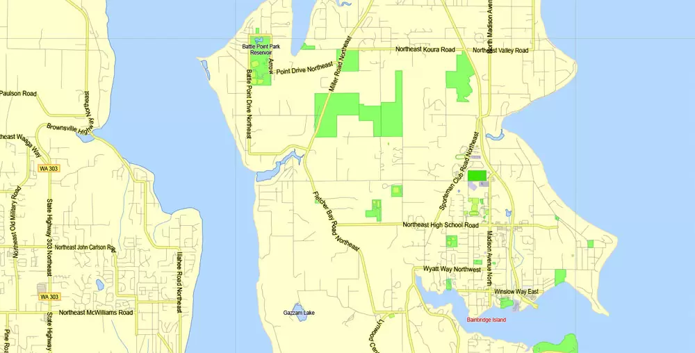 Printable Map Seattle Area with suburbans, Washington, US, exact vector streetG-View level 13 (200 meter scale) map V1.10, full editable, Adobe Illustrator, full vector, scalable, editable text format street names, 17 mb ZIP