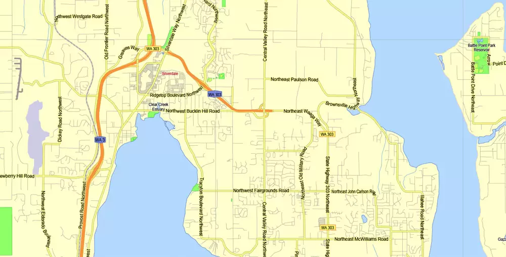 Printable Map Seattle Area with suburbans, Washington, US, exact vector streetG-View level 13 (200 meter scale) map V1.10, full editable, Adobe Illustrator, full vector, scalable, editable text format street names, 17 mb ZIP