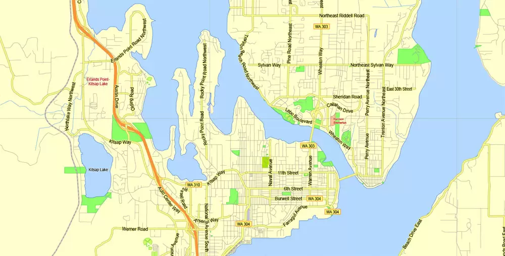 Printable Map Seattle Area with suburbans, Washington, US, exact vector streetG-View level 13 (200 meter scale) map V1.10, full editable, Adobe Illustrator, full vector, scalable, editable text format street names, 17 mb ZIP