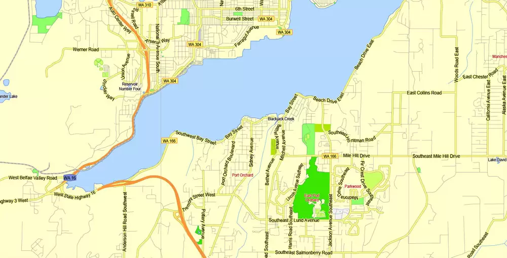 Printable Map Seattle Area with suburbans, Washington, US, exact vector streetG-View level 13 (200 meter scale) map V1.10, full editable, Adobe Illustrator, full vector, scalable, editable text format street names, 17 mb ZIP