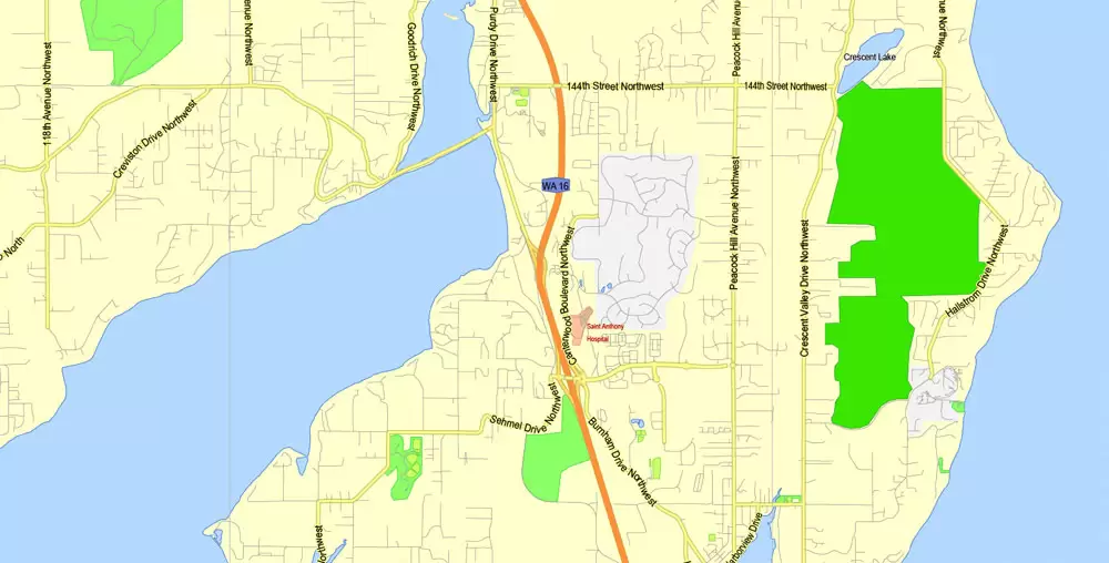 Printable Map Seattle Area with suburbans, Washington, US, exact vector streetG-View level 13 (200 meter scale) map V1.10, full editable, Adobe Illustrator, full vector, scalable, editable text format street names, 17 mb ZIP