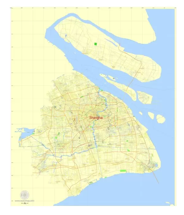 Shanghai PDF Map China printable vector City Plan 5 km scale full editabale in ENGLISH, Adobe PDF Street Map