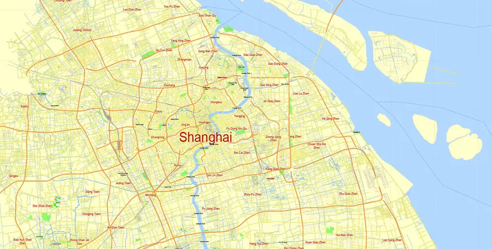 Shanghai PDF Map China printable vector City Plan 5 km scale full editabale in ENGLISH, Adobe PDF Street Map