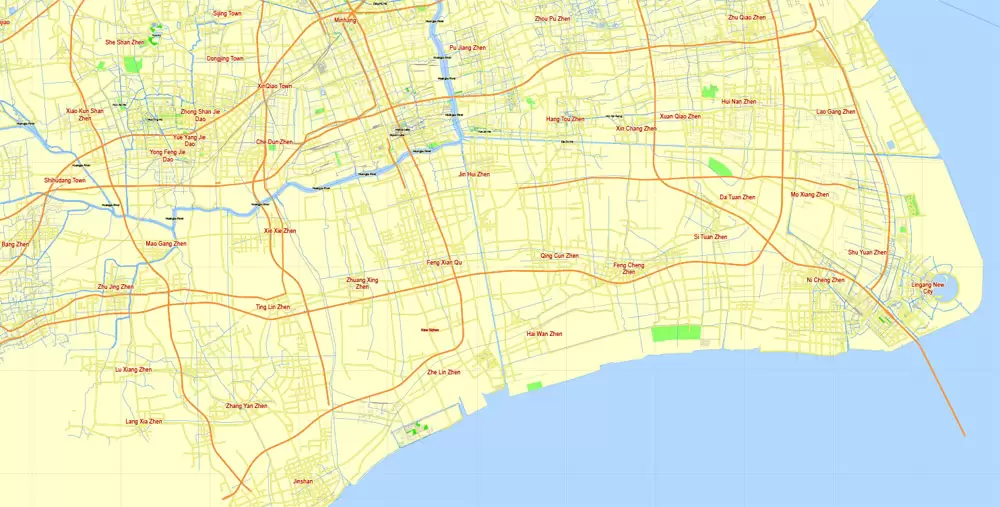 Shanghai PDF Map China printable vector City Plan 5 km scale full editabale in ENGLISH, Adobe PDF Street Map