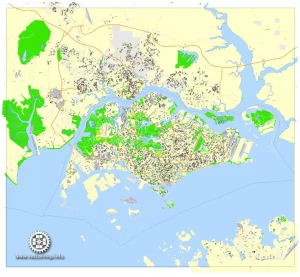 Printable Map Singapore, printable vector street G-view Level 15 (500 meters) map, full editable, Adobe illustrator, full vector, scalable, editable, text format street names, 16 mb ZIP