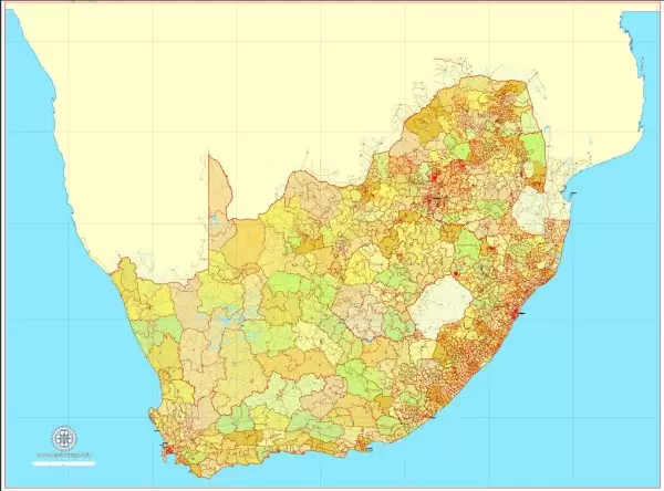 Printable Map South Africa, exact vector map Adobe Illustrator editable, full vector, scalable, editable, text format names, 78 mb ZIP