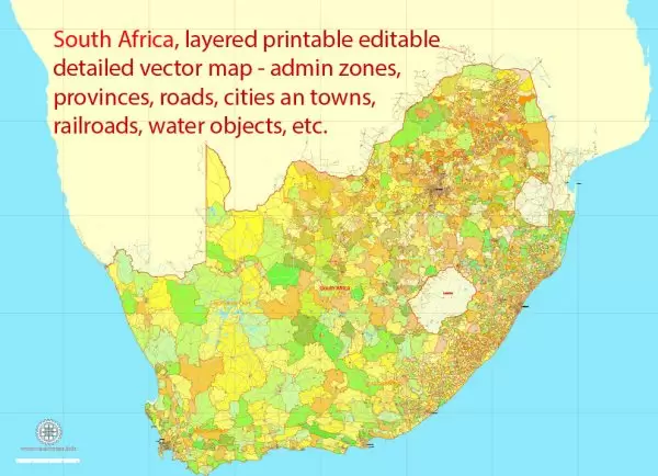 Printable Map South Africa, exact vector map Adobe Illustrator editable, full vector, scalable, editable, text format names, 78 mb ZIP