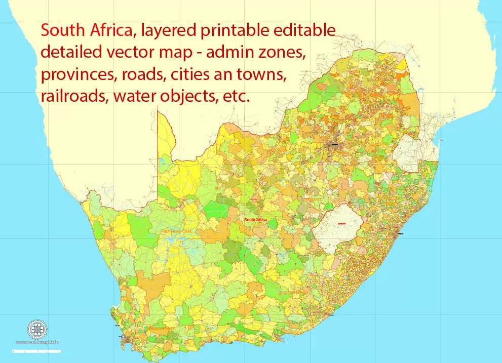 Printable Map South Africa, exact vector map Adobe Illustrator editable, full vector, scalable, editable, text format names, 78 mb ZIP