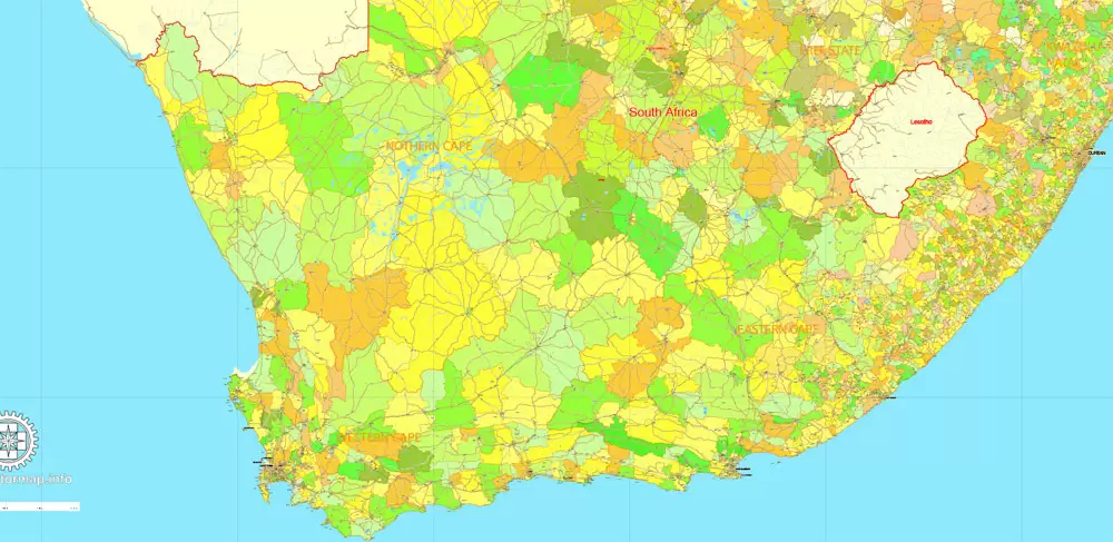 Printable Map South Africa, exact vector map Adobe Illustrator editable, full vector, scalable, editable, text format names, 78 mb ZIP