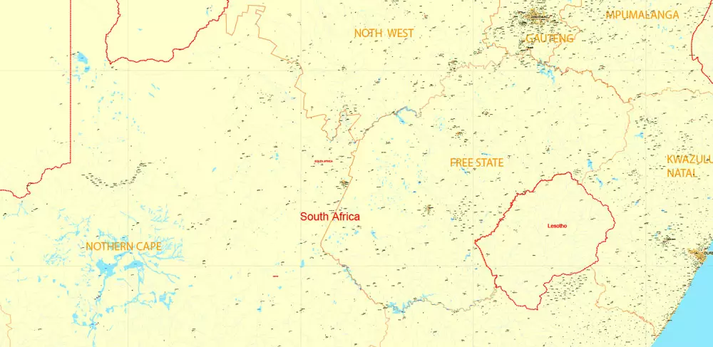 Printable Map South Africa, exact vector map Adobe Illustrator editable, full vector, scalable, editable, text format names, 78 mb ZIP