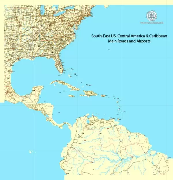 Region Map South-East USA, Central America & Caribbean printable vector map, main roads and airports. Adobe Illustrator. Separeted layer: roads, rivers, airports correct shorelines.