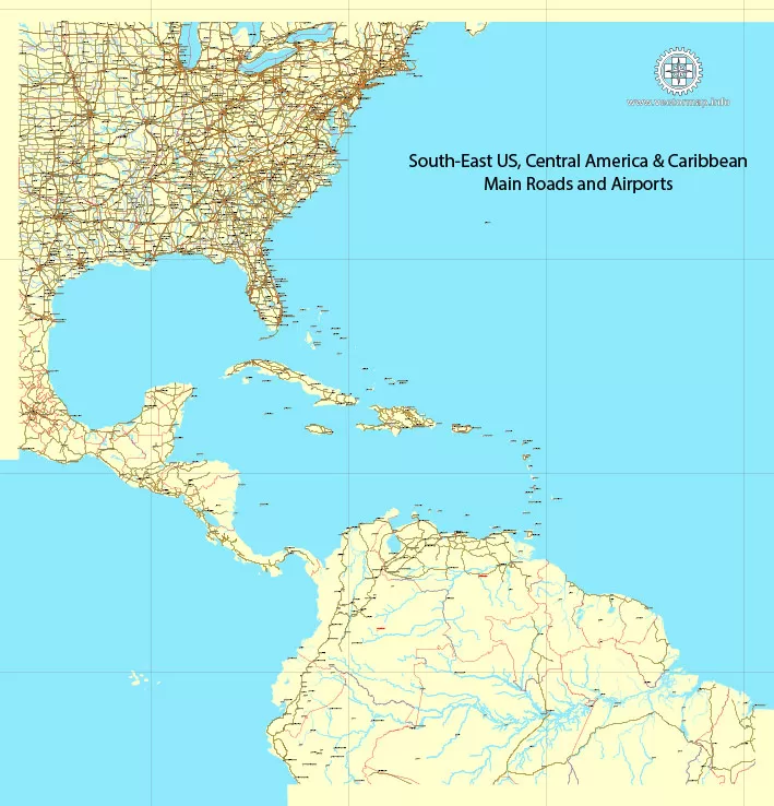 Region Map South-East USA, Central America & Caribbean printable vector map, main roads and airports. Adobe Illustrator. Separeted layer: roads, rivers, airports correct shorelines.