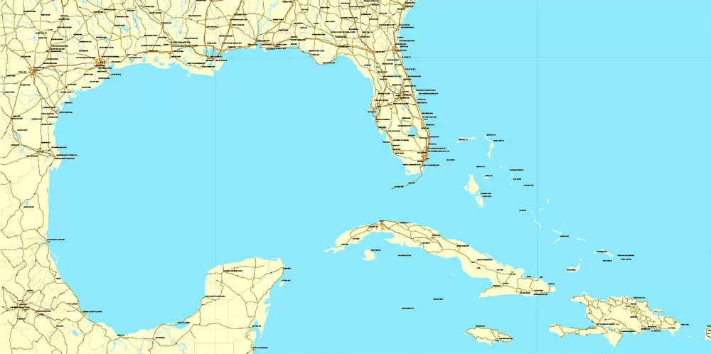 Region Map South-East USA, Central America & Caribbean printable vector map, main roads and airports. Adobe Illustrator. Separeted layer: roads, rivers, airports correct shorelines.