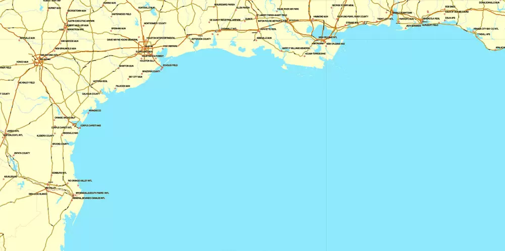 Region Map South-East USA, Central America & Caribbean printable vector map, main roads and airports. Adobe Illustrator. Separeted layer: roads, rivers, airports correct shorelines.