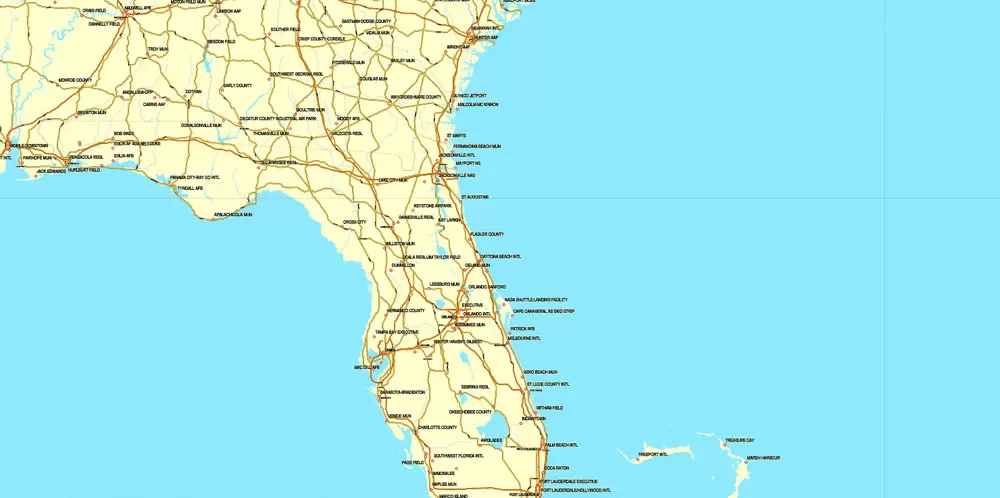 Region Map South-East USA, Central America & Caribbean printable vector map, main roads and airports. Adobe Illustrator. Separeted layer: roads, rivers, airports correct shorelines.