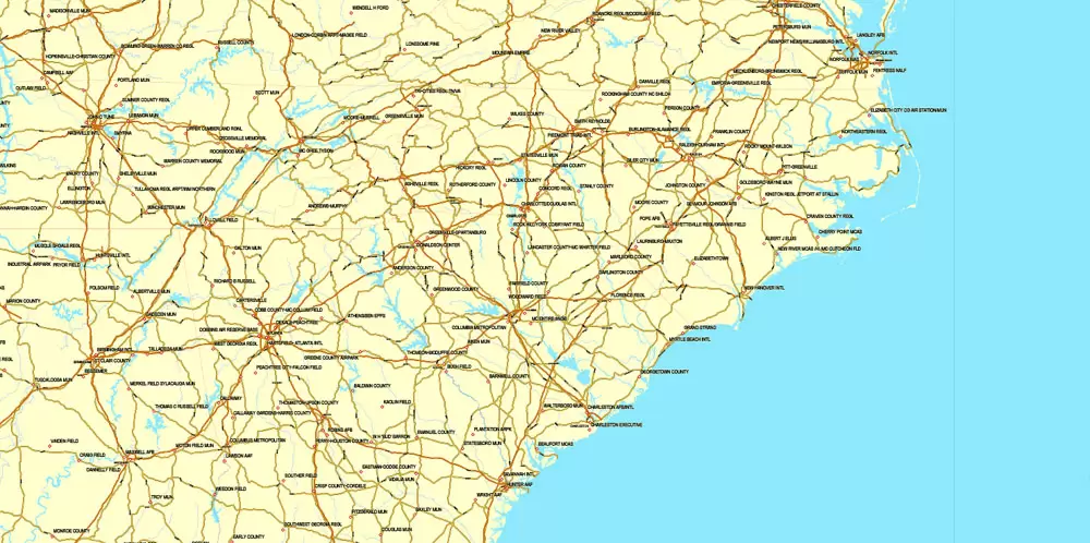 Region Map South-East USA, Central America & Caribbean printable vector map, main roads and airports. Adobe Illustrator. Separeted layer: roads, rivers, airports correct shorelines.