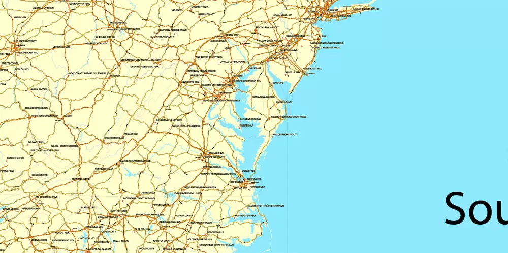 Region Map South-East USA, Central America & Caribbean printable vector map, main roads and airports. Adobe Illustrator. Separeted layer: roads, rivers, airports correct shorelines.