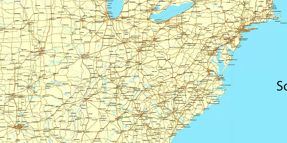 Region Map South-East USA, Central America & Caribbean printable vector map, main roads and airports. Adobe Illustrator. Separeted layer: roads, rivers, airports correct shorelines.