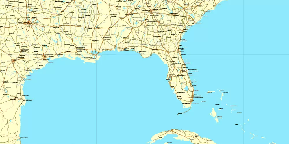 Region Map South-East USA, Central America & Caribbean printable vector map, main roads and airports. Adobe Illustrator. Separeted layer: roads, rivers, airports correct shorelines.