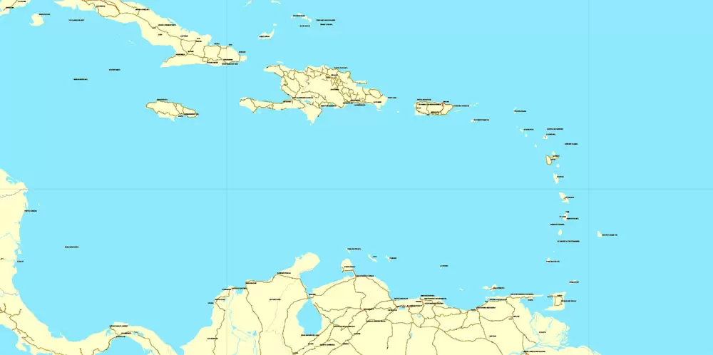 Region Map South-East USA, Central America & Caribbean printable vector map, main roads and airports. Adobe Illustrator. Separeted layer: roads, rivers, airports correct shorelines.