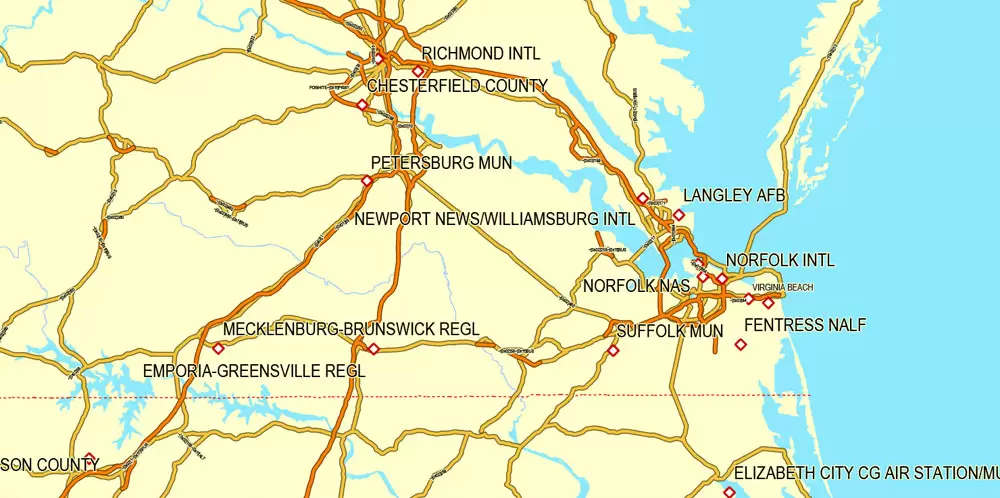 Region Map South-East USA, Central America & Caribbean printable vector map, main roads and airports. Adobe Illustrator. Separeted layer: roads, rivers, airports correct shorelines.