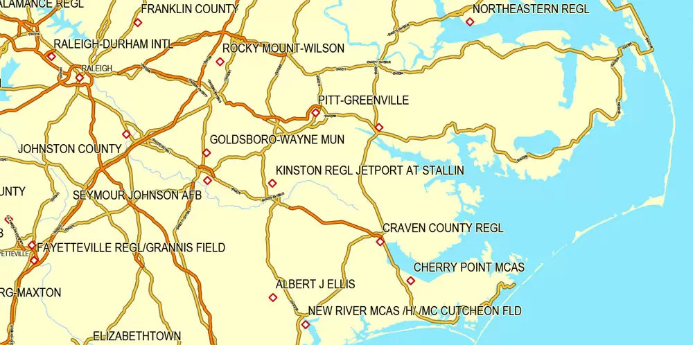 Region Map South-East USA, Central America & Caribbean printable vector map, main roads and airports. Adobe Illustrator. Separeted layer: roads, rivers, airports correct shorelines.