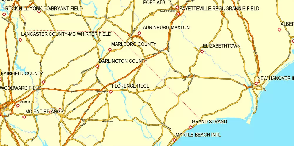 Region Map South-East USA, Central America & Caribbean printable vector map, main roads and airports. Adobe Illustrator. Separeted layer: roads, rivers, airports correct shorelines.