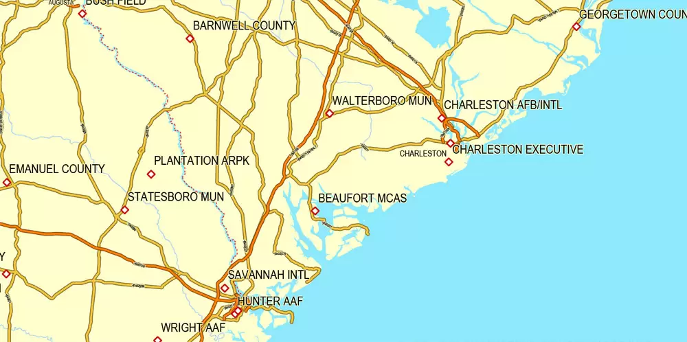 Region Map South-East USA, Central America & Caribbean printable vector map, main roads and airports. Adobe Illustrator. Separeted layer: roads, rivers, airports correct shorelines.