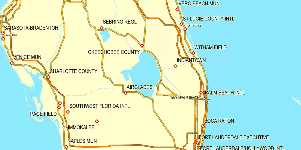 Region Map South-East USA, Central America & Caribbean printable vector map, main roads and airports. Adobe Illustrator. Separeted layer: roads, rivers, airports correct shorelines.