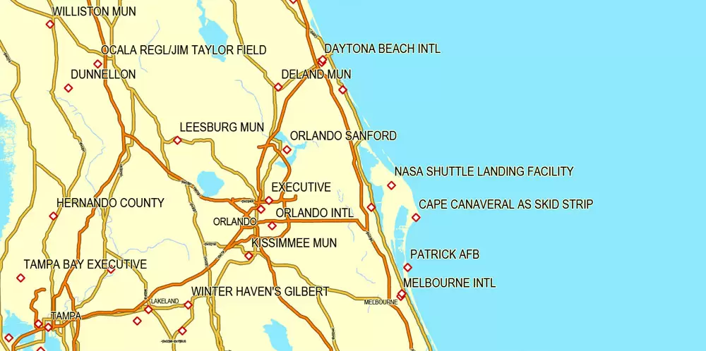 Region Map South-East USA, Central America & Caribbean printable vector map, main roads and airports. Adobe Illustrator. Separeted layer: roads, rivers, airports correct shorelines.