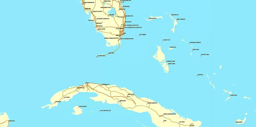 Region Map South-East USA, Central America & Caribbean printable vector map, main roads and airports. Adobe Illustrator. Separeted layer: roads, rivers, airports correct shorelines.