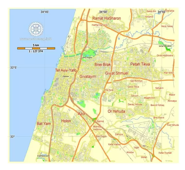 Tel Aviv Yafo Vector Map Israel printable City Plan 5 km scale editable in ENGLISH Adobe illustrator Street Map